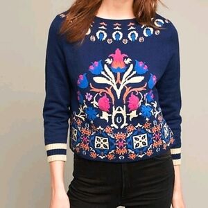 Anthropologie HWR Blue Cropped Sweater Embroidered